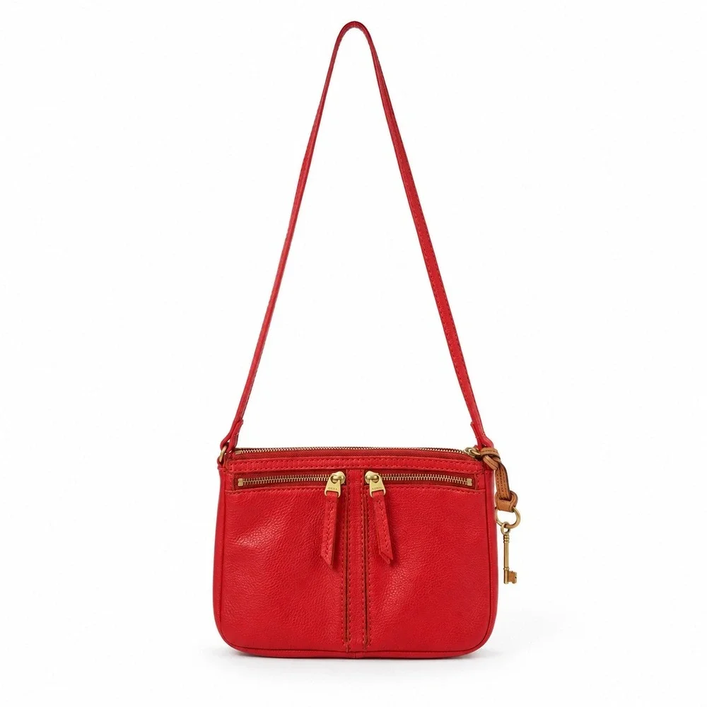 Fossil Erin Crossbody Bag Womens Small Red Pebbled Leather Key Charm Pockets